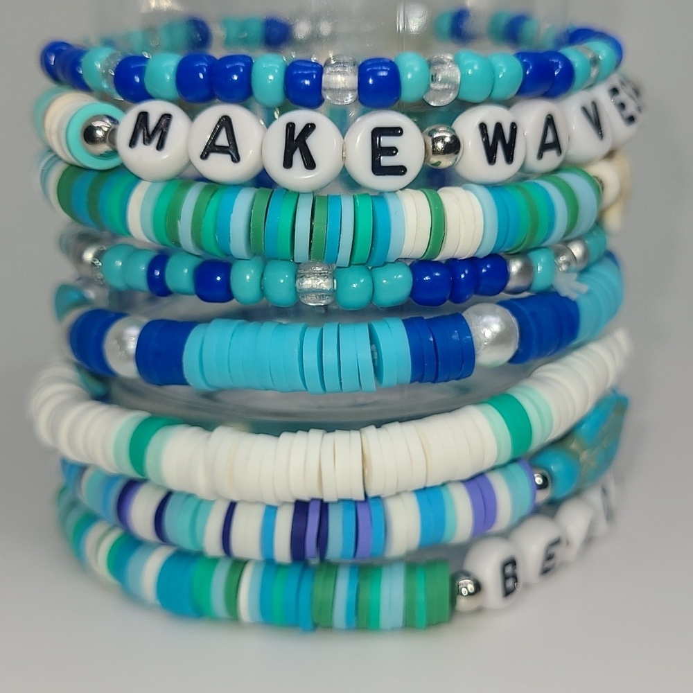 8 Blue Lagoon Beaded Bracelets Stackable Beachy Surfer Theme Charms Heishi